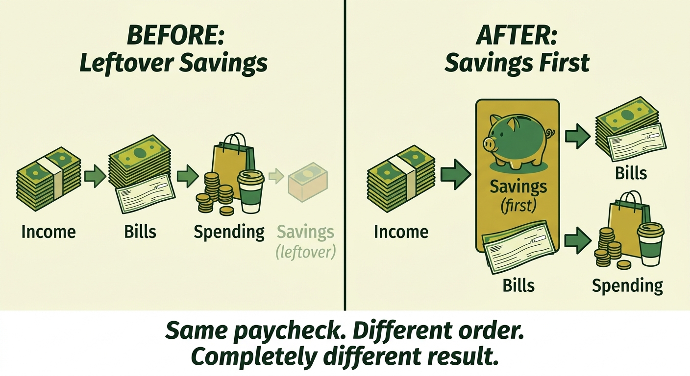 A before-and-after diagram: leftover savings with a small faded box versus savings first with a solid, prominent box.