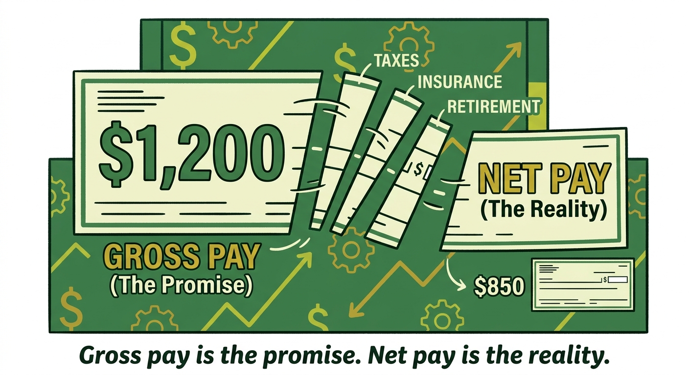 An illustration of a paycheck with slices labeled taxes, insurance, and retirement being cut away, leaving a smaller net pay amount.