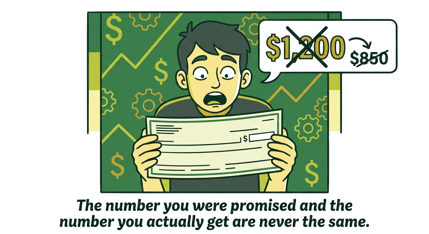A young adult holding a paycheck with a surprised expression as a speech bubble crosses out a big number and replaces it with a smaller one.