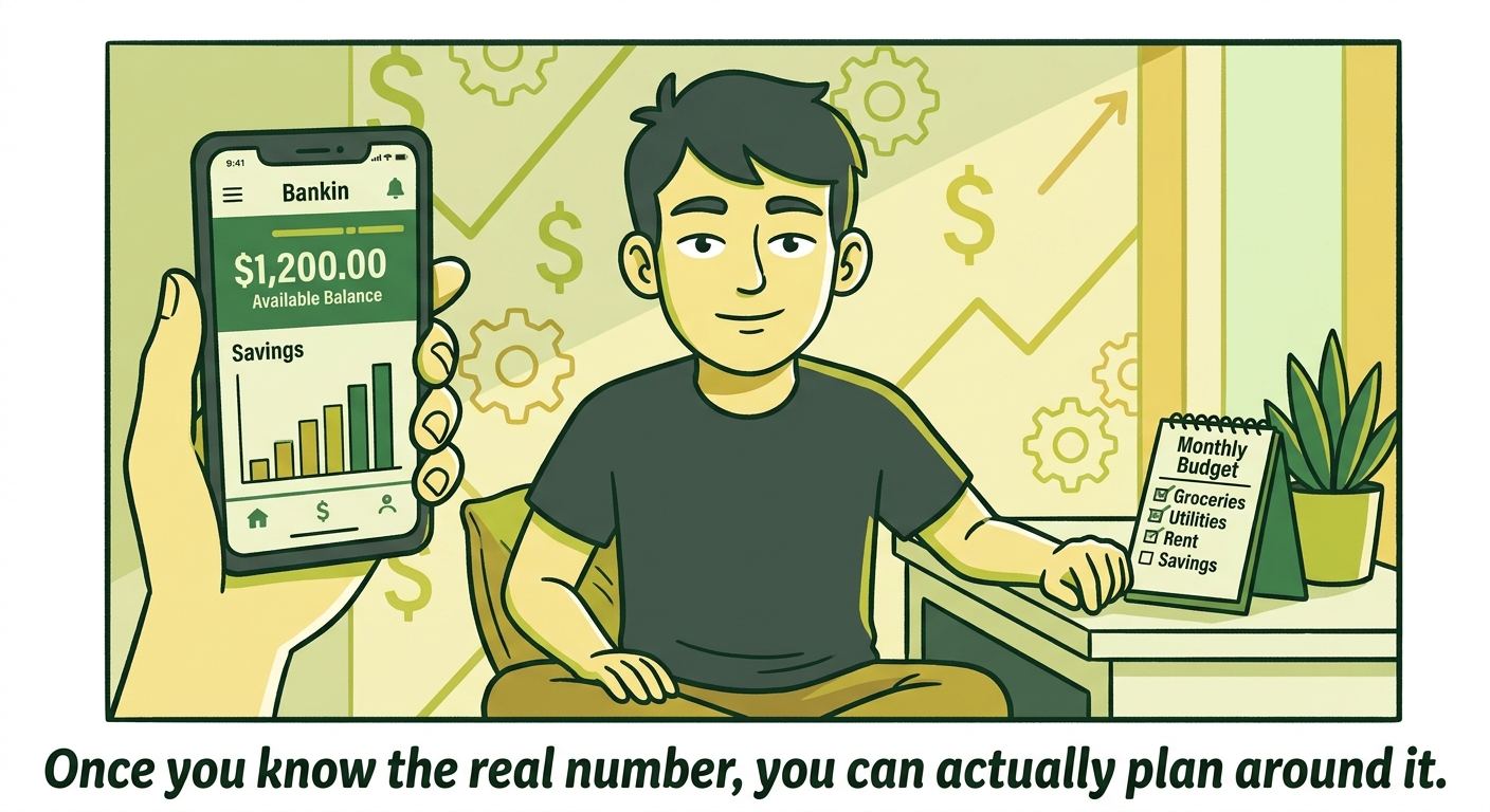 A young person calmly checking their bank balance on a phone with a monthly budget checklist beside them.
