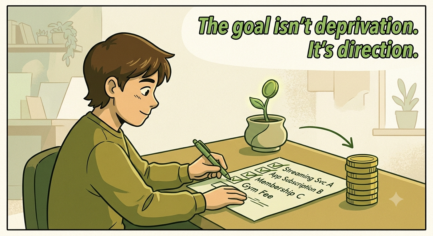 A person crossing items off a checklist with a small plant growing beside a stack of coins.