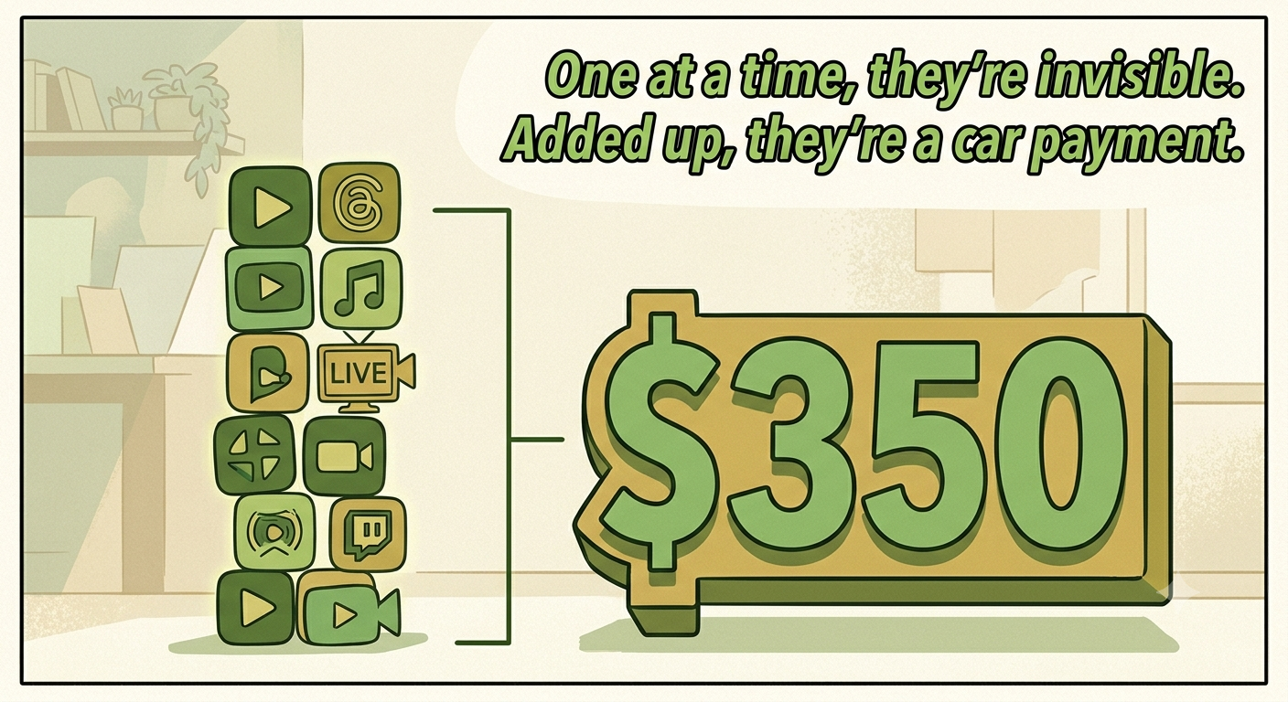 A stack of small subscription icons adding up next to a large dollar amount.