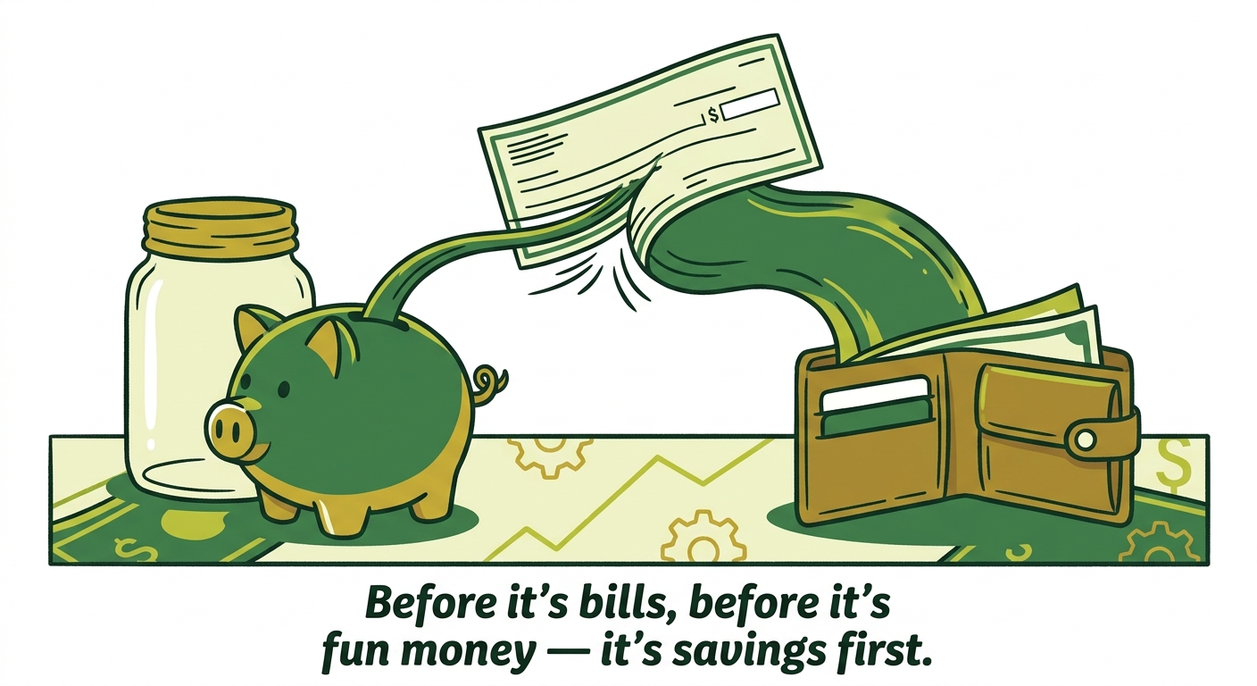 A paycheck splitting into two streams the moment it arrives — one flowing into a savings jar with a piggy bank, the other into a wallet for everyday spending.