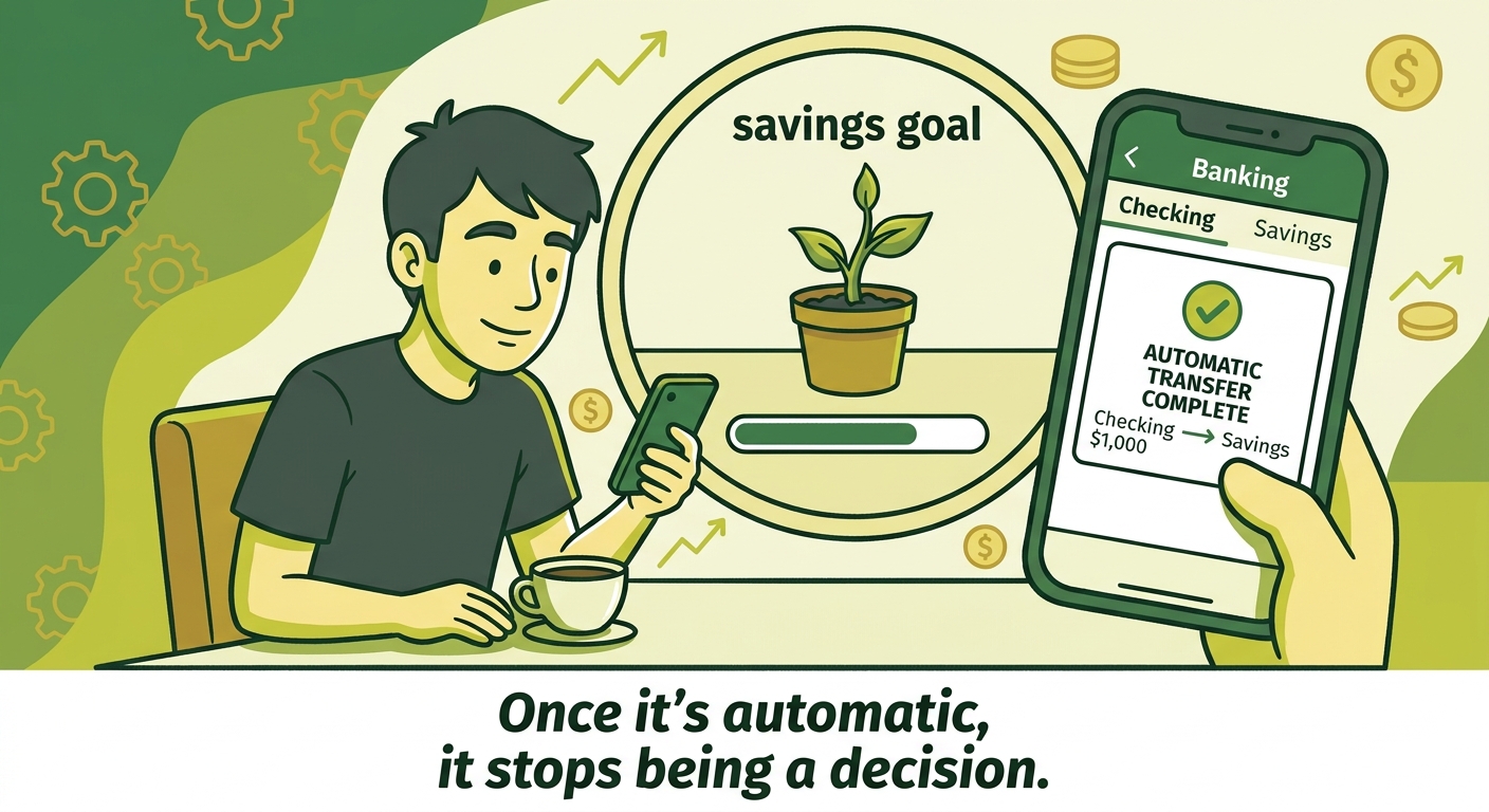 A young person checking a banking app showing an automatic transfer completed, with a growing plant symbolizing steady savings.