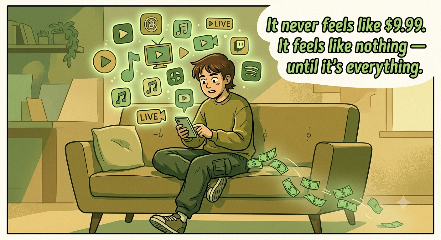 A young person on a couch surrounded by floating streaming and app icons while dollar bills quietly drift out of their pocket.