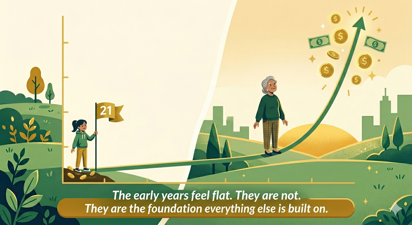 A compounding curve that stays nearly flat for years, then bends sharply upward toward the end.