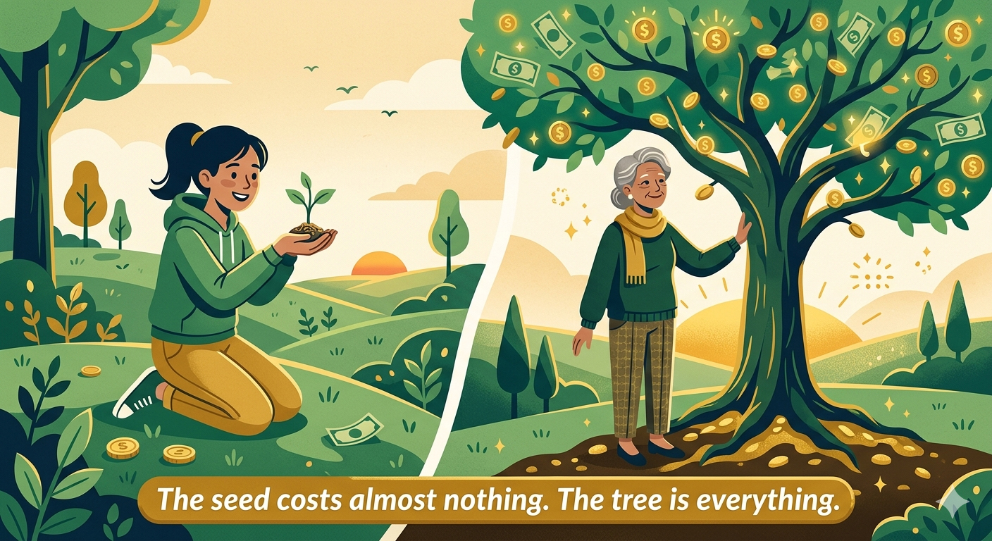A young person holding a seedling next to their older self standing beside a fully grown money tree.