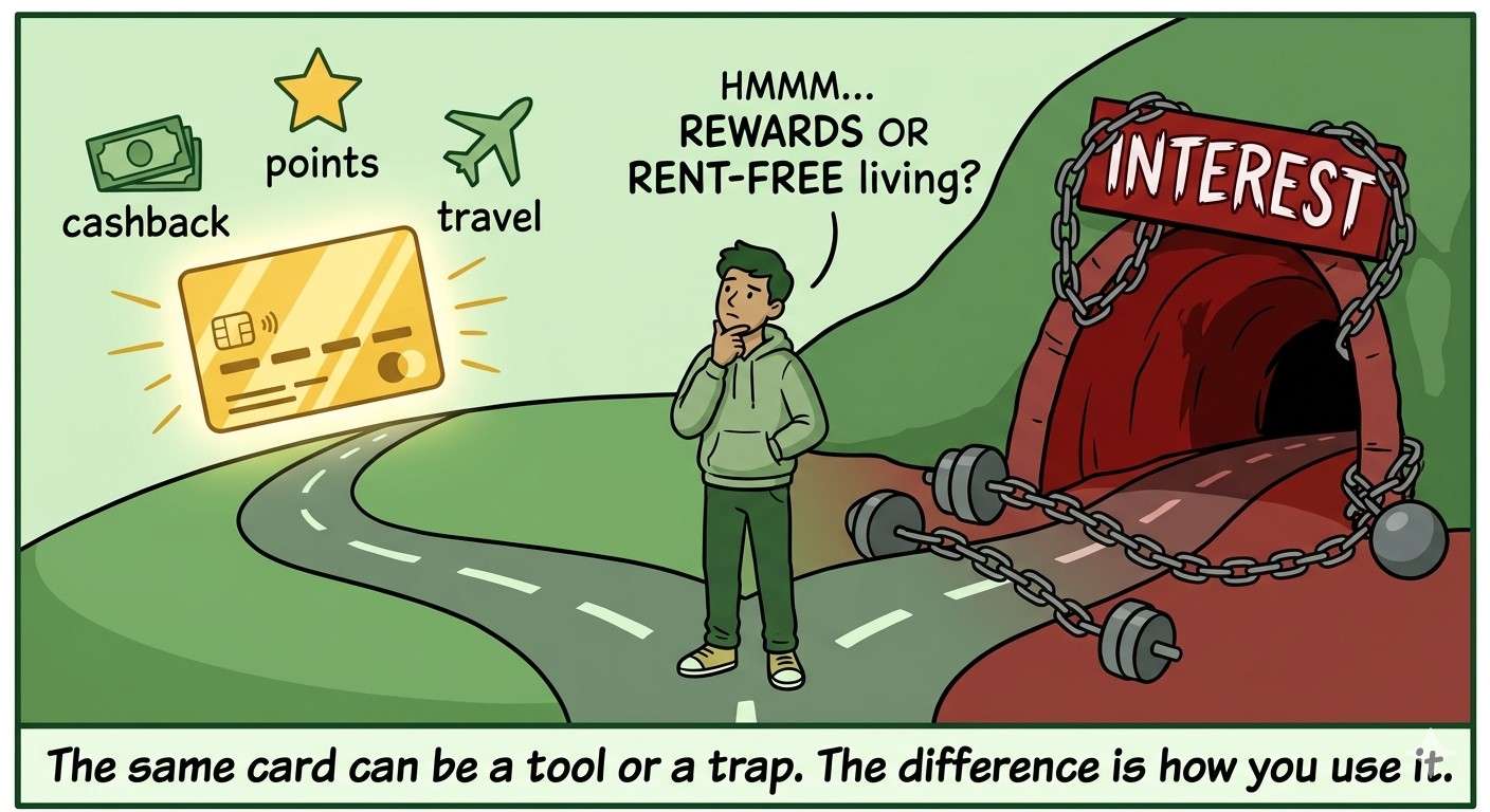 A young person at a fork in the road: one path leads to a glowing rewards card, the other to a dark tunnel labeled Interest.