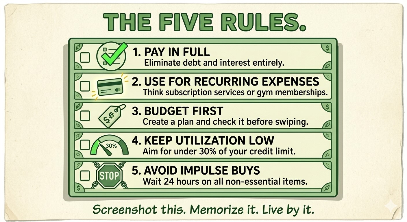 The Five Rules: Pay in full, use for recurring expenses, budget first, keep utilization low, avoid impulse buys.