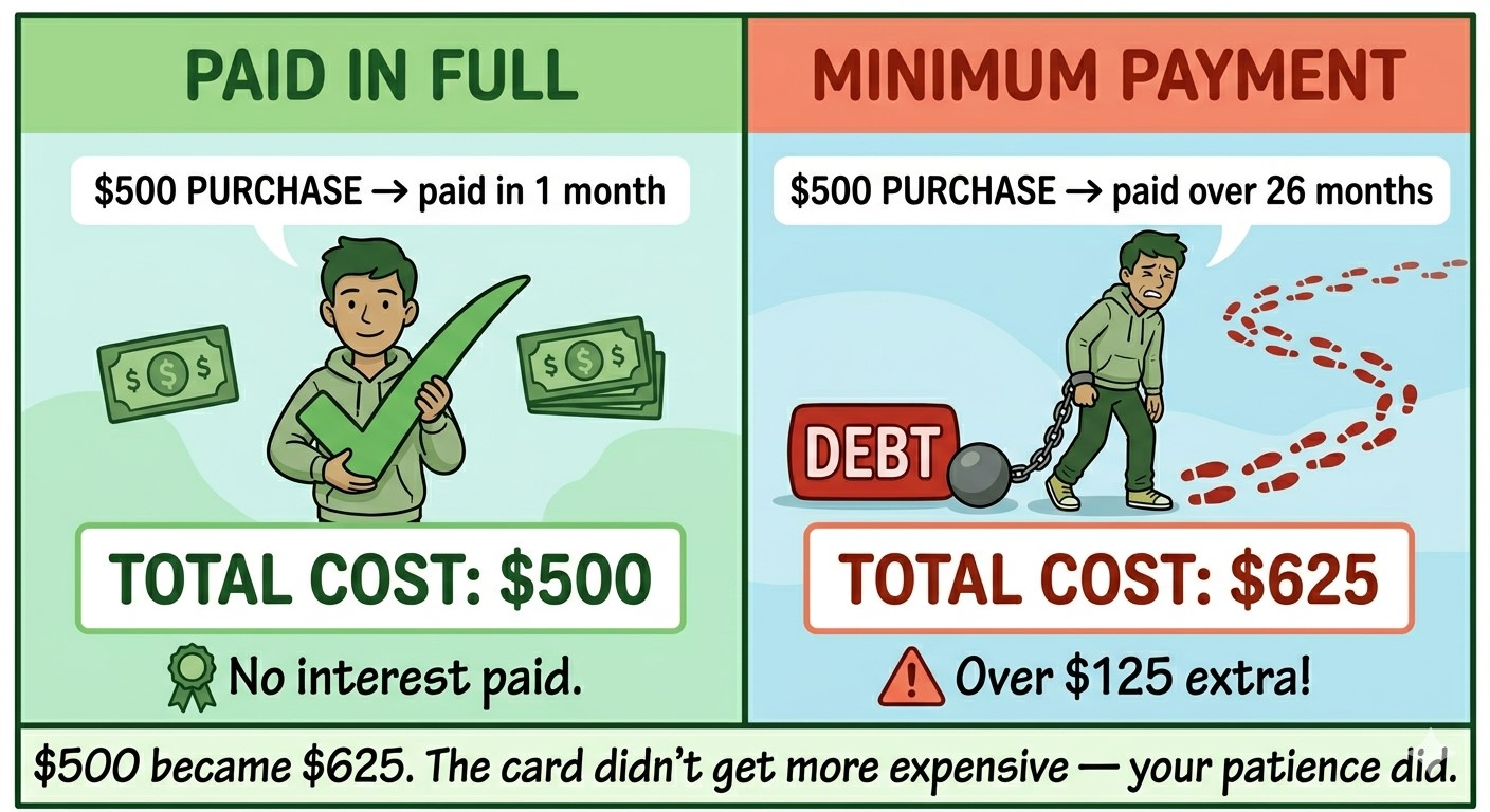 Comparison: $500 purchase paid in full in 1 month costs $500. Paid at minimum over 26 months costs $625.