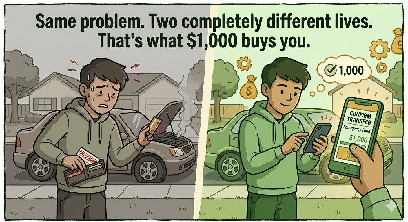 Split scene: on the left, a stressed person at a broken-down car reaching for a credit card; on the right, the same person calmly transferring money from an emergency fund.