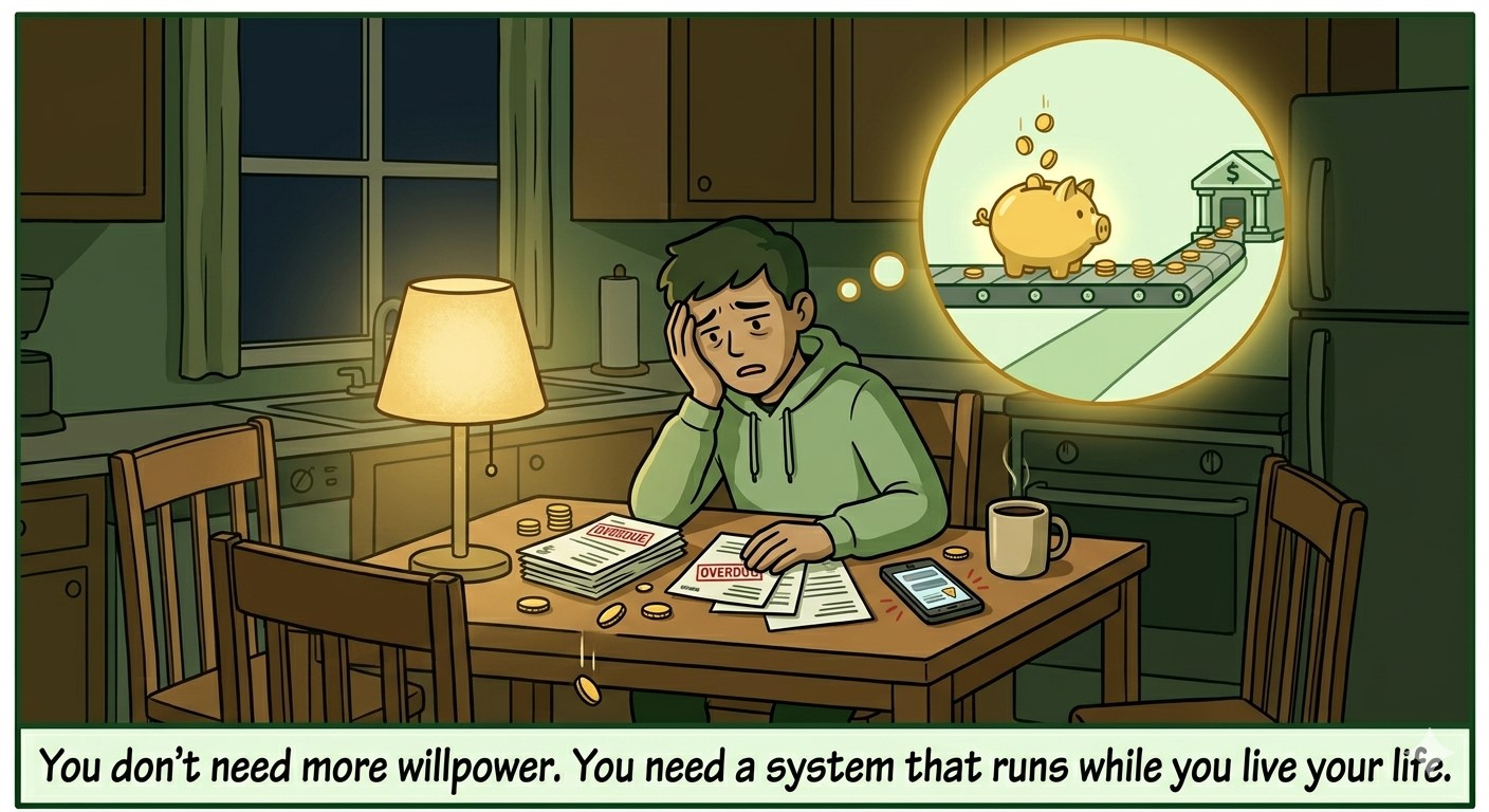 A young person at a kitchen table looking tired with overdue bills, while a thought bubble shows a piggy bank filling automatically.