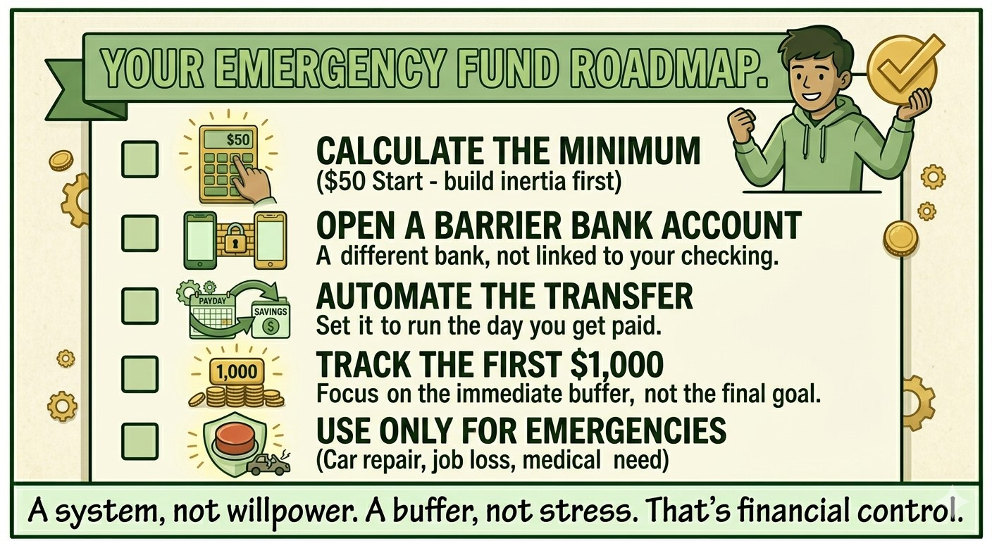 A checklist roadmap: calculate the minimum, open a barrier bank account, automate the transfer, track the first $1,000, use only for emergencies.