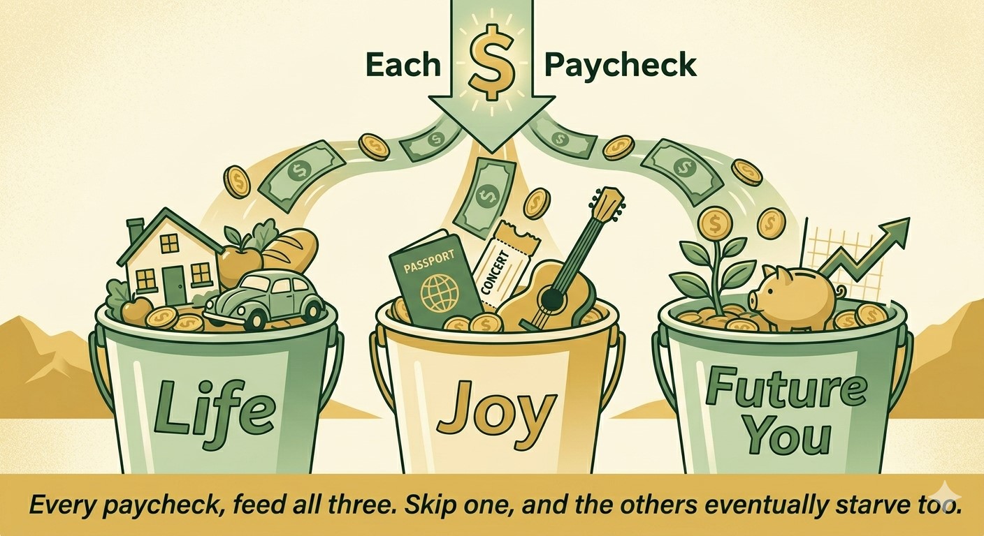 Three buckets labeled Life, Joy, and Future You, each fed by an arrow from a single paycheck above.