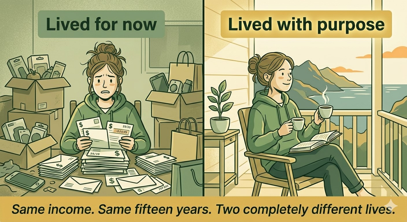 Split scene of the same person at age 35: on the left surrounded by clutter and bills, on the right calm on a porch with a coffee and a view.