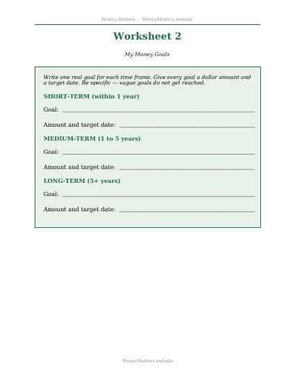 Preview of Worksheet 2: Money Goals