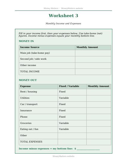 Preview of Worksheet 3: Income and Expenses