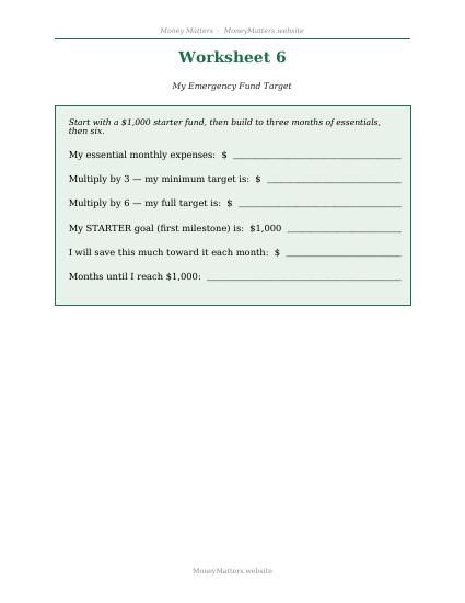 Preview of Worksheet 6: Emergency Fund