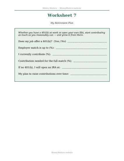 Preview of Worksheet 7: Retirement Plan