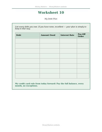 Preview of Worksheet 10: Debt Plan